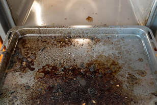 Greasy pans in the kitchen need to be cleaned to prevent bacteria.